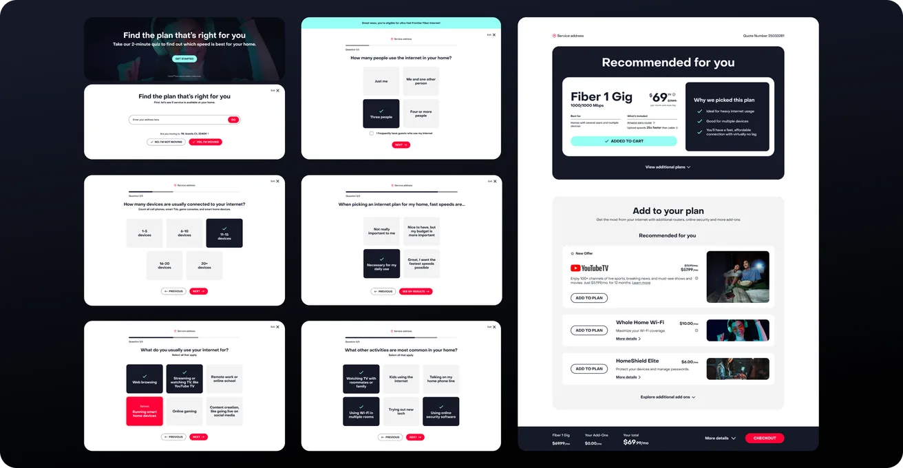 Frontier’s guided plan flow: an entry screen, five question screens, and the recommended plan with add-ons.